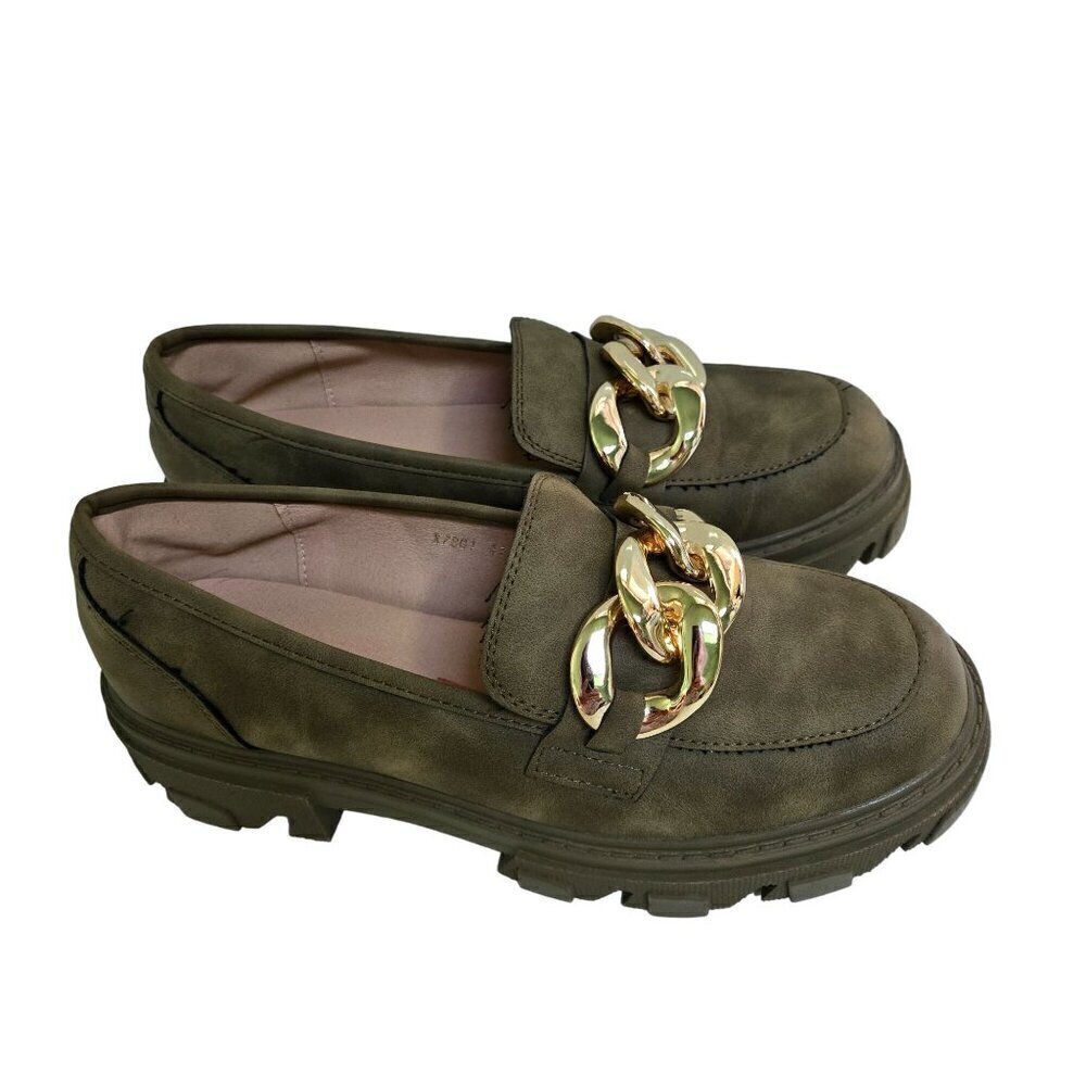 Alta Moda Super Chunky Olive Green Gold Chain Vegan Leather Loafers Size 41